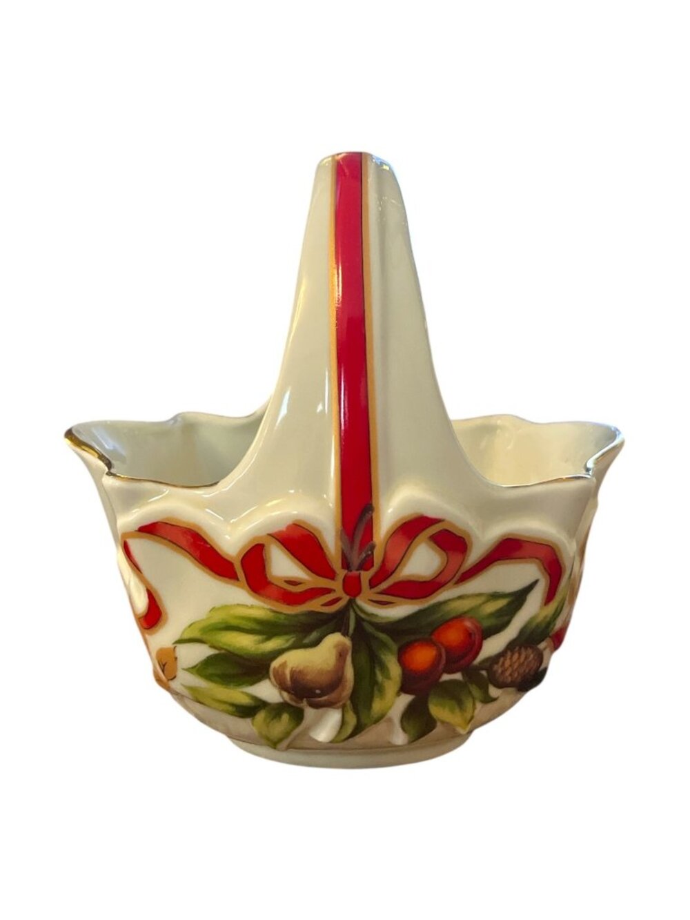 Vintage 1950s Made in Japan Christmas Ceramic Basket Holly Ribbon Gold Trim